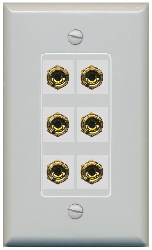 RiteAV 6 Banana 3 Speaker Surround Female Coupler Binding Post Wall Plate - 1 Gang Decorative [Gray/Gray]