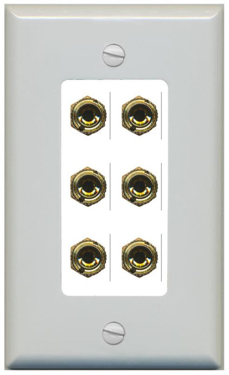 RiteAV 6 Banana 3 Speaker Surround Female Coupler Binding Post Wall Plate - 1 Gang [Gray/White]