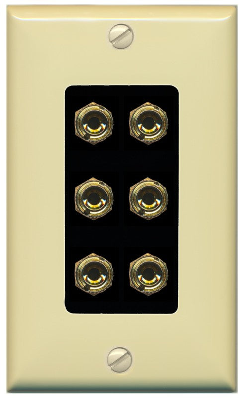 RiteAV 6 Banana 3 Speaker Surround Female Coupler Binding Post Wall Plate - 1 Gang Decorative [Ivory/Black]