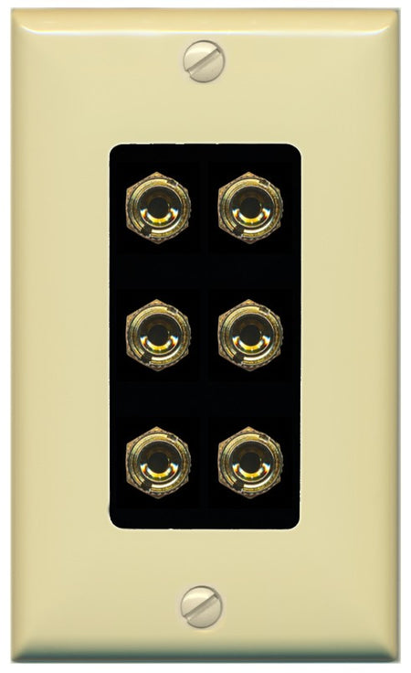 RiteAV 6 Banana 3 Speaker Surround Female Coupler Binding Post Wall Plate - 1 Gang Decorative [Ivory/Black]
