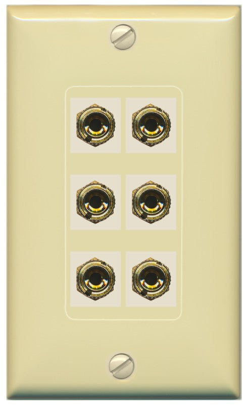 RiteAV 6 Banana 3 Speaker Surround Female Coupler Binding Post Wall Plate - 1 Gang Decorative [Ivory/Ivory]