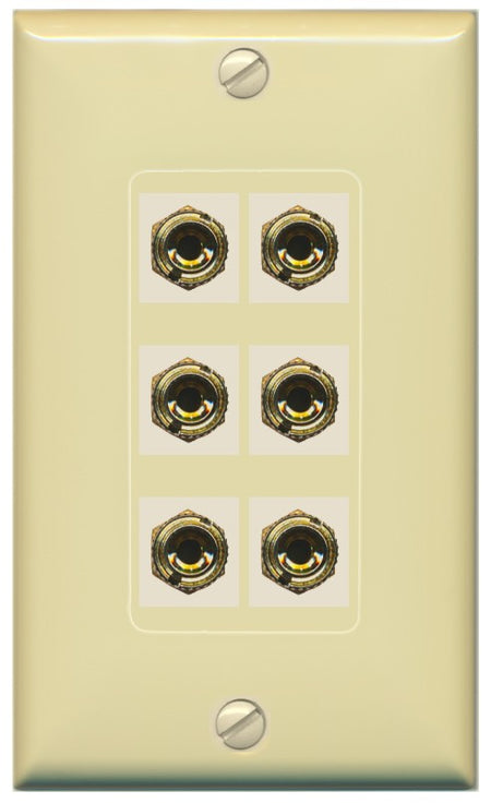 RiteAV 6 Banana 3 Speaker Surround Female Coupler Binding Post Wall Plate - 1 Gang Decorative [Ivory/Ivory]