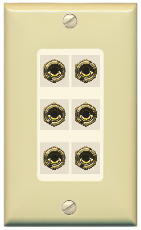 RiteAV 6 Banana 3 Speaker Surround Female Coupler Binding Post Wall Plate - 1 Gang Decorative [Ivory/Light-Almond]