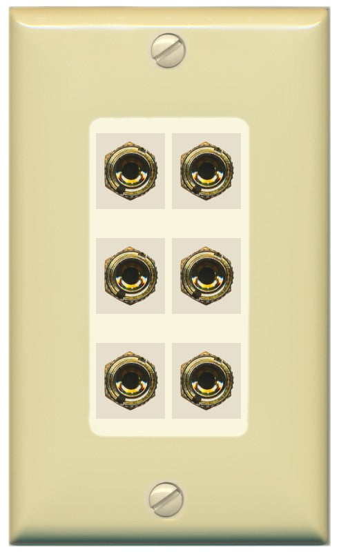 RiteAV 6 Banana 3 Speaker Surround Female Coupler Binding Post Wall Plate - 1 Gang Decorative [Ivory/Light-Almond]