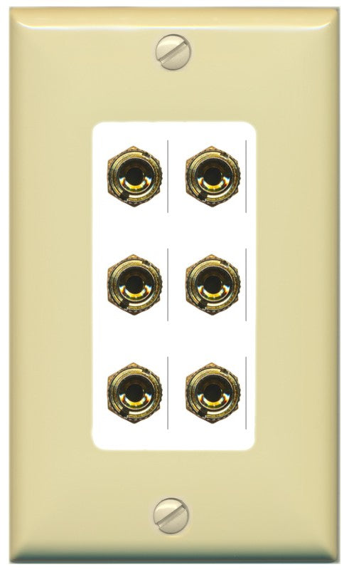 RiteAV 6 Banana 3 Speaker Surround Female Coupler Binding Post Wall Plate - 1 Gang Decorative [Ivory/White]