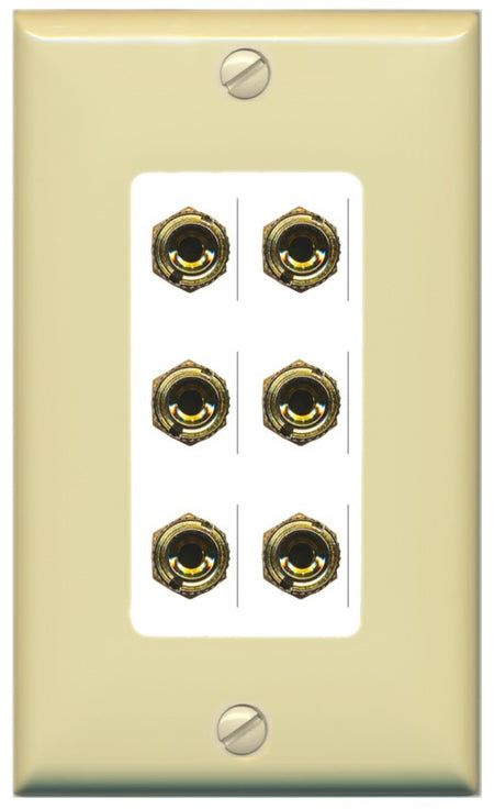 RiteAV 6 Banana 3 Speaker Surround Female Coupler Binding Post Wall Plate - 1 Gang Decorative [Ivory/White]