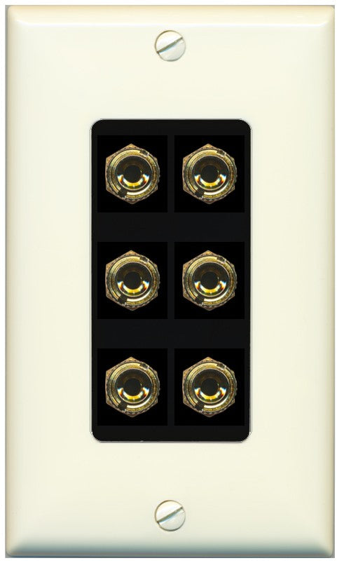 RiteAV 6 Banana 3 Speaker Surround Female Coupler Binding Post Wall Plate - 1 Gang Decorative [Light-Almond/Black]