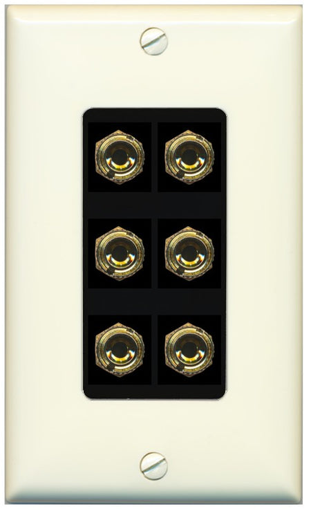 RiteAV 6 Banana 3 Speaker Surround Female Coupler Binding Post Wall Plate - 1 Gang Decorative [Light-Almond/Black]