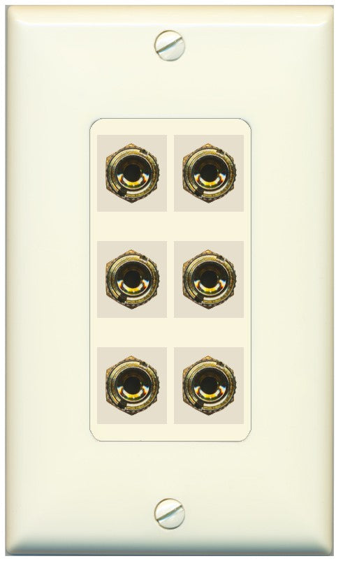 RiteAV 6 Banana 3 Speaker Surround Female Coupler Binding Post Wall Plate - 1 Gang Decorative [Light-Almond]
