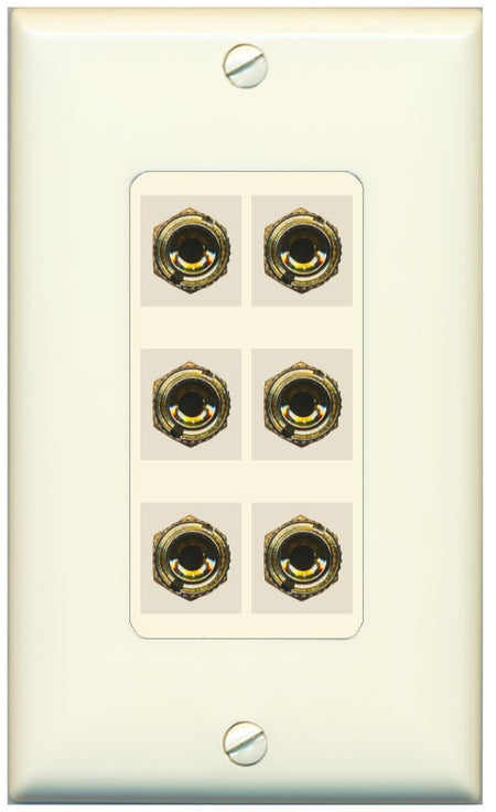 RiteAV 6 Banana 3 Speaker Surround Female Coupler Binding Post Wall Plate - 1 Gang Decorative [Light-Almond]