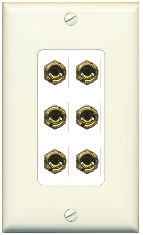 RiteAV 6 Banana 3 Speaker Surround Female Coupler Binding Post Wall Plate - 1 Gang Decorative [Light-Almond/White]