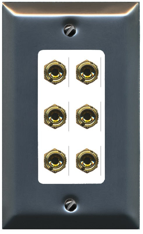RiteAV 6 Banana 3 Speaker Surround Female Coupler Binding Post Wall Plate - 1 Gang Decorative [Brushed-Nickel/White]