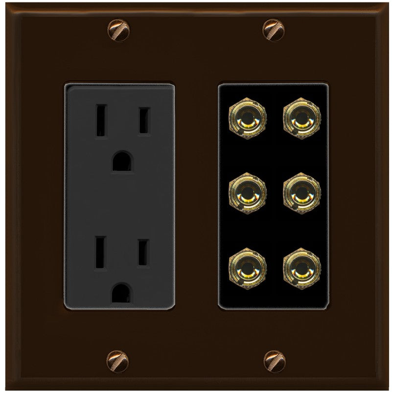 RiteAV 6 Banana 3 Speaker Surround Female Coupler Binding Post Wall Plate - Outlet [Brown/Black]