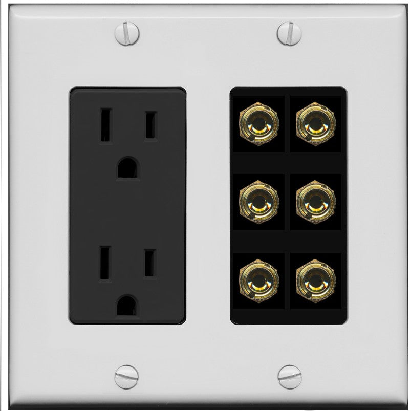 RiteAV 6 Banana 3 Speaker Surround Female Coupler Binding Post Wall Plate - Outlet [Gray/Black]