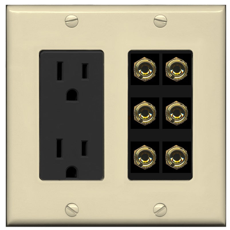 RiteAV 6 Banana 3 Speaker Surround Female Coupler Binding Post Wall Plate - Outlet [Ivory/Black]