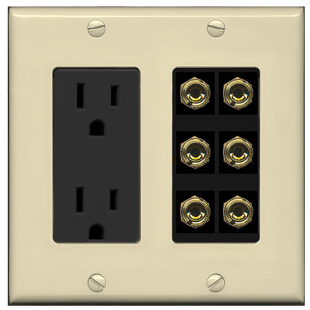 RiteAV 6 Banana 3 Speaker Surround Female Coupler Binding Post Wall Plate - Outlet [Ivory/Black]