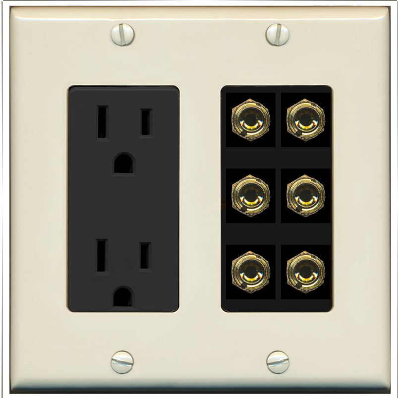 RiteAV 6 Banana 3 Speaker Surround Female Coupler Binding Post Wall Plate - Outlet [Light-Almond/Black]