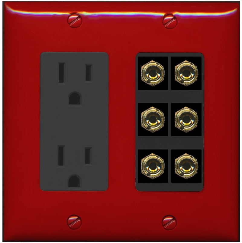 RiteAV 6 Banana 3 Speaker Surround Female Coupler Binding Post Wall Plate - Outlet [Red/Black]