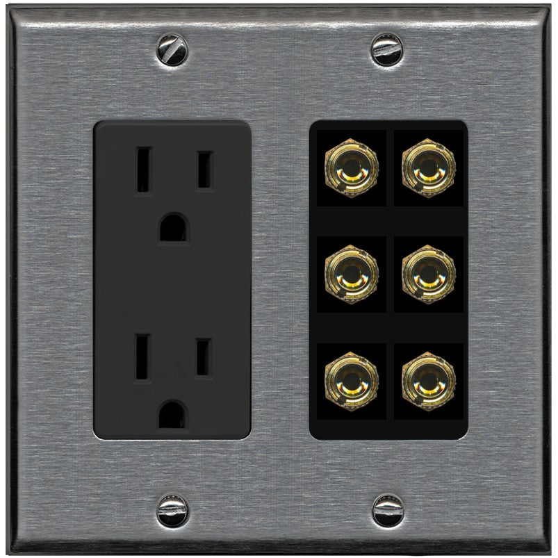 RiteAV 6 Banana 3 Speaker Surround Female Coupler Binding Post Wall Plate - Outlet [Stainless/Black]