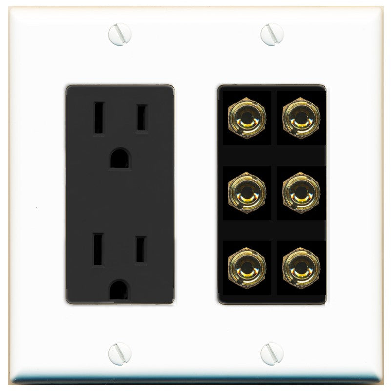 RiteAV 6 Banana 3 Speaker Surround Female Coupler Binding Post Wall Plate - Outlet [White/Black]