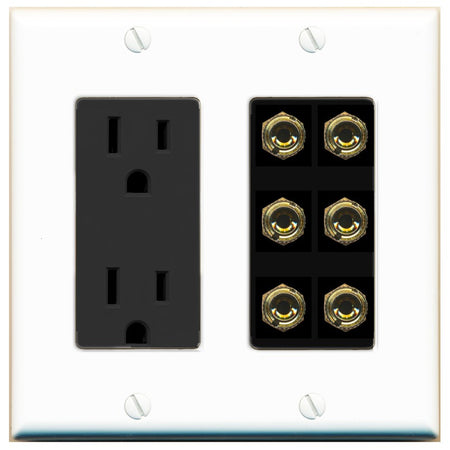 RiteAV 6 Banana 3 Speaker Surround Female Coupler Binding Post Wall Plate - Outlet [White/Black]