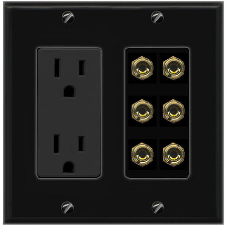 RiteAV 6 Banana 3 Speaker Surround Female Coupler Binding Post Wall Plate - Outlet [Black/Black]