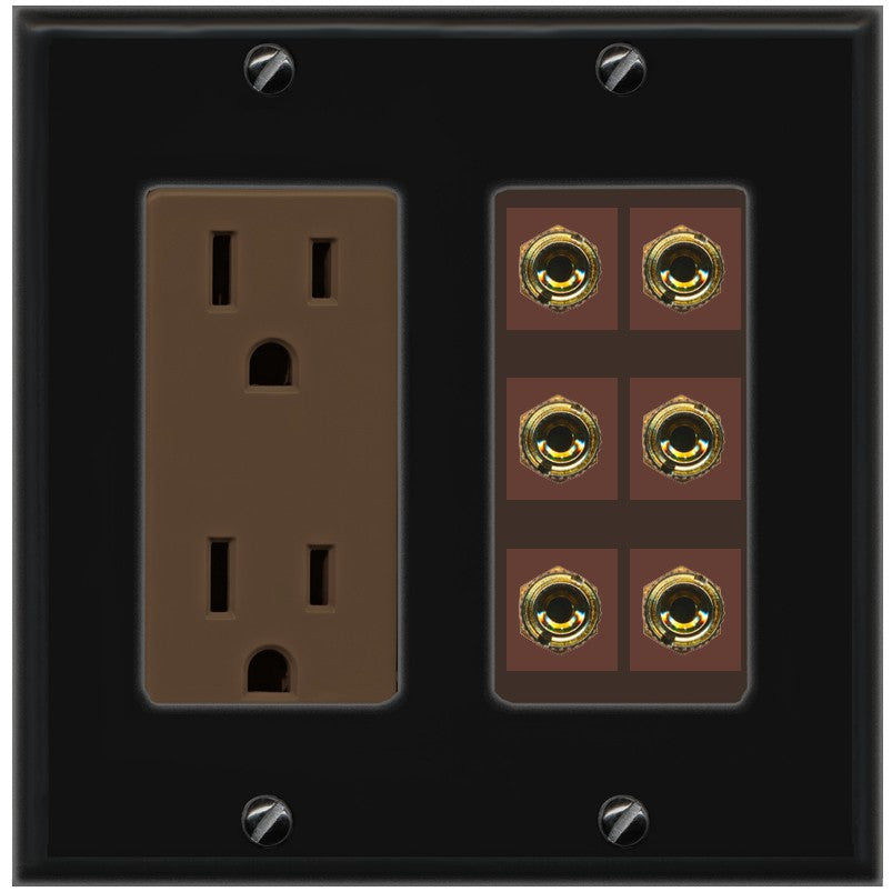 RiteAV 6 Banana 3 Speaker Surround Female Coupler Binding Post Wall Plate - Outlet [Black/Brown]