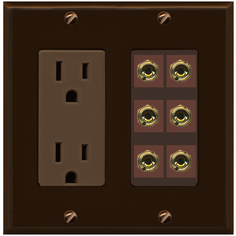 RiteAV 6 Banana 3 Speaker Surround Female Coupler Binding Post Wall Plate - Outlet [Brown/Brown]