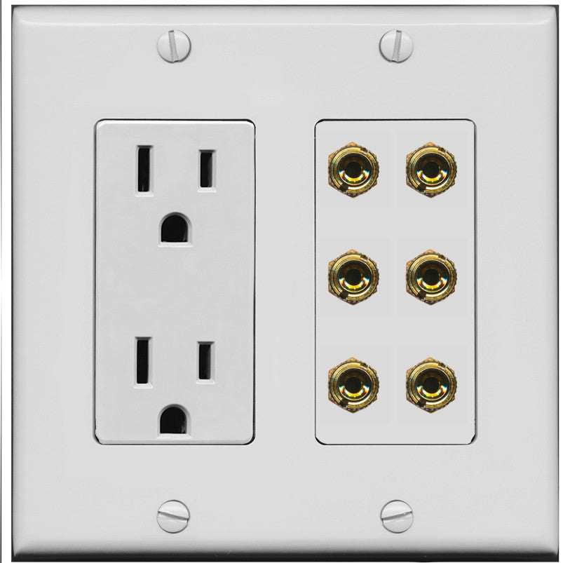 RiteAV 6 Banana 3 Speaker Surround Female Coupler Binding Post Wall Plate - Outlet [Gray/Gray]