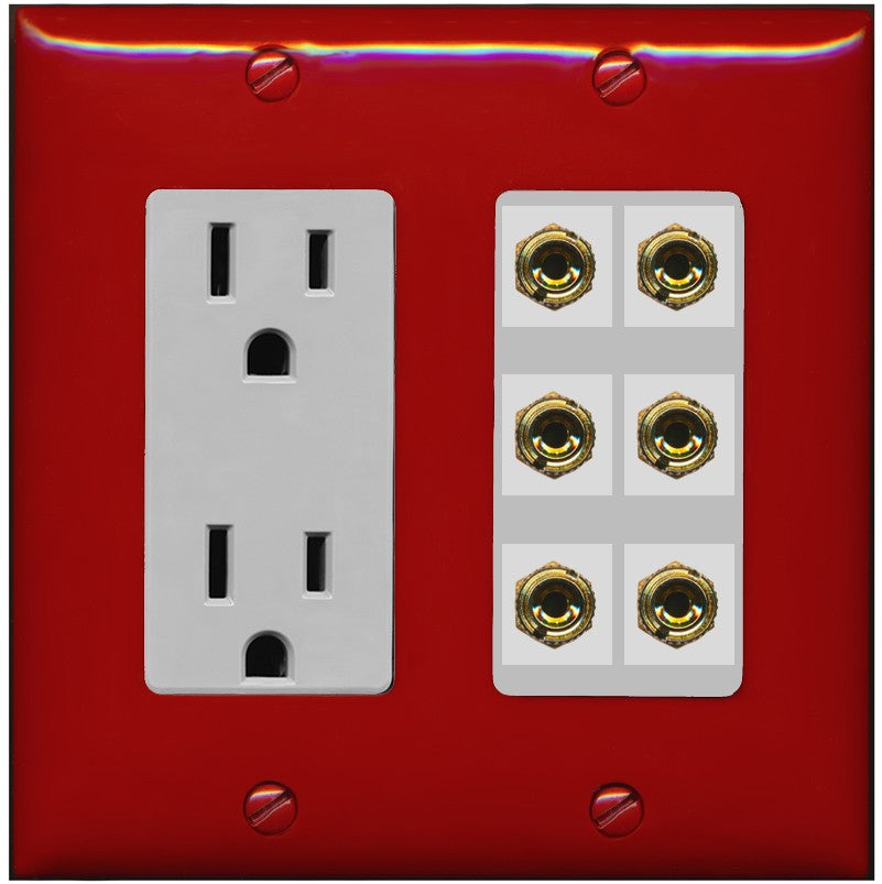 RiteAV 6 Banana 3 Speaker Surround Female Coupler Binding Post Wall Plate - Outlet [Red/Gray]