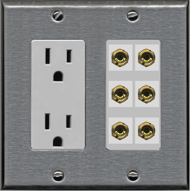 RiteAV 6 Banana 3 Speaker Surround Female Coupler Binding Post Wall Plate - Outlet [Stainless/Gray]