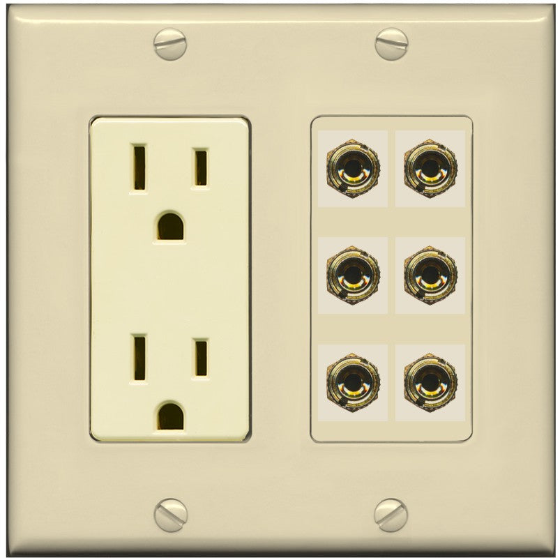 RiteAV 6 Banana 3 Speaker Surround Female Coupler Binding Post Wall Plate - Outlet [Ivory/Ivory]