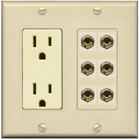 RiteAV 6 Banana 3 Speaker Surround Female Coupler Binding Post Wall Plate - Outlet [Ivory/Ivory]