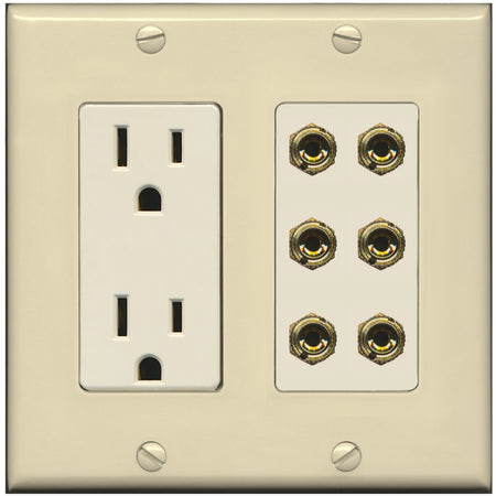 RiteAV 6 Banana 3 Speaker Surround Female Coupler Binding Post Wall Plate - Outlet [Ivory/Light-Almond]