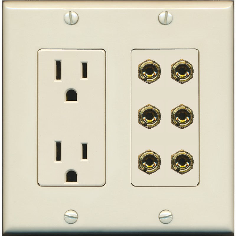 RiteAV 6 Banana 3 Speaker Surround Female Coupler Binding Post Wall Plate - Outlet [Light-Almond]