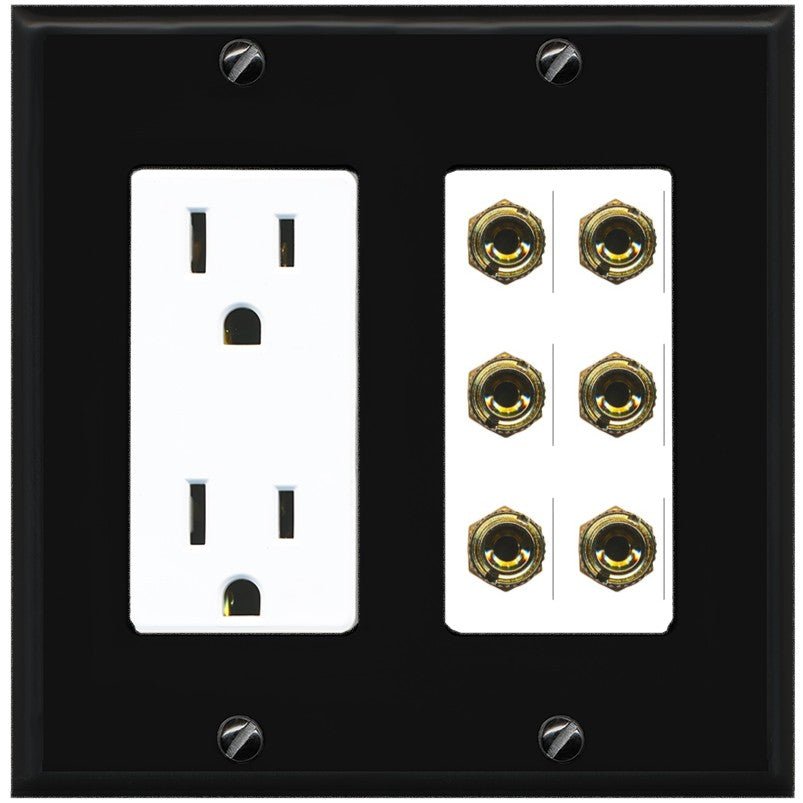 RiteAV 6 Banana 3 Speaker Surround Female Coupler Binding Post Wall Plate - Outlet [Black/White]