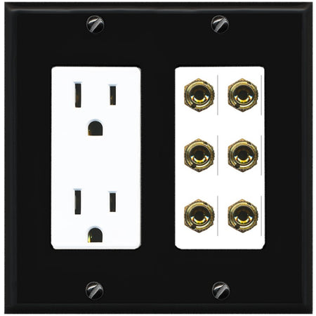 RiteAV 6 Banana 3 Speaker Surround Female Coupler Binding Post Wall Plate - Outlet [Black/White]