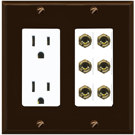 RiteAV 6 Banana 3 Speaker Surround Female Coupler Binding Post Wall Plate - Outlet [Brown/White]