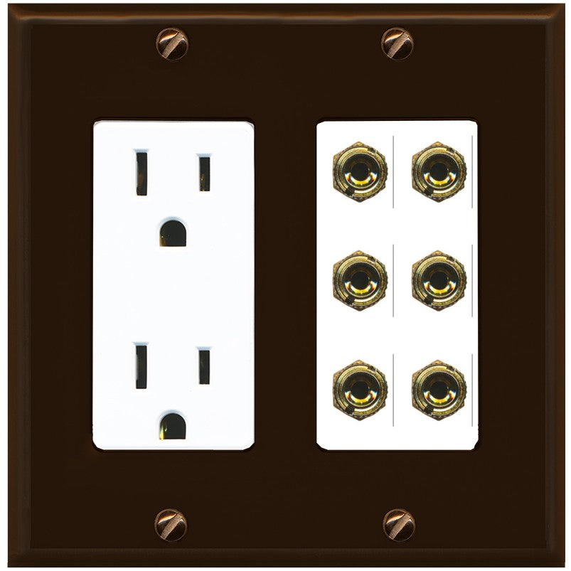 RiteAV 6 Banana 3 Speaker Surround Female Coupler Binding Post Wall Plate - Outlet [Brown/White]