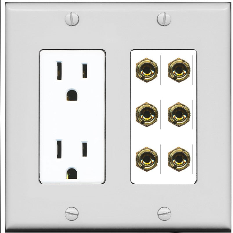 RiteAV 6 Banana 3 Speaker Surround Female Coupler Binding Post Wall Plate - Outlet [Gray/White]