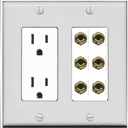 RiteAV 6 Banana 3 Speaker Surround Female Coupler Binding Post Wall Plate - Outlet [Gray/White]