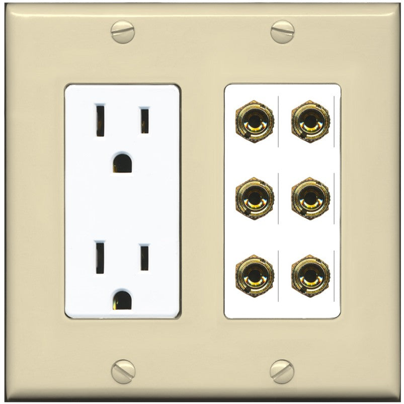 RiteAV 6 Banana 3 Speaker Surround Female Coupler Binding Post Wall Plate - Outlet [Ivory/White]
