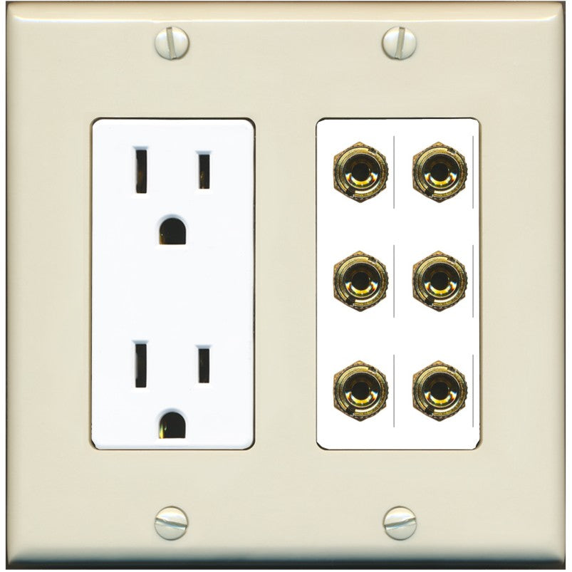 RiteAV 6 Banana 3 Speaker Surround Female Coupler Binding Post Wall Plate - Outlet [Light-Almond/White]