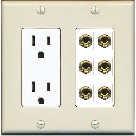 RiteAV 6 Banana 3 Speaker Surround Female Coupler Binding Post Wall Plate - Outlet [Light-Almond/White]