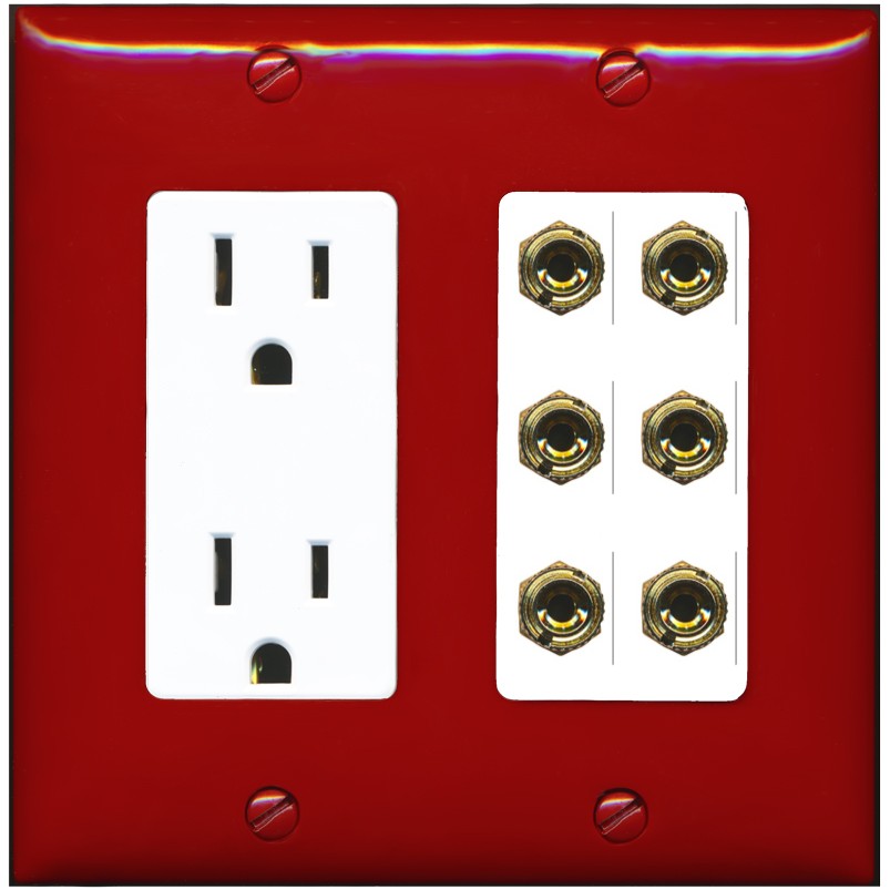 RiteAV 6 Banana 3 Speaker Surround Female Coupler Binding Post Wall Plate - Outlet [Red/White]