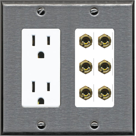 RiteAV 6 Banana 3 Speaker Surround Female Coupler Binding Post Wall Plate - Outlet [Stainless/White]