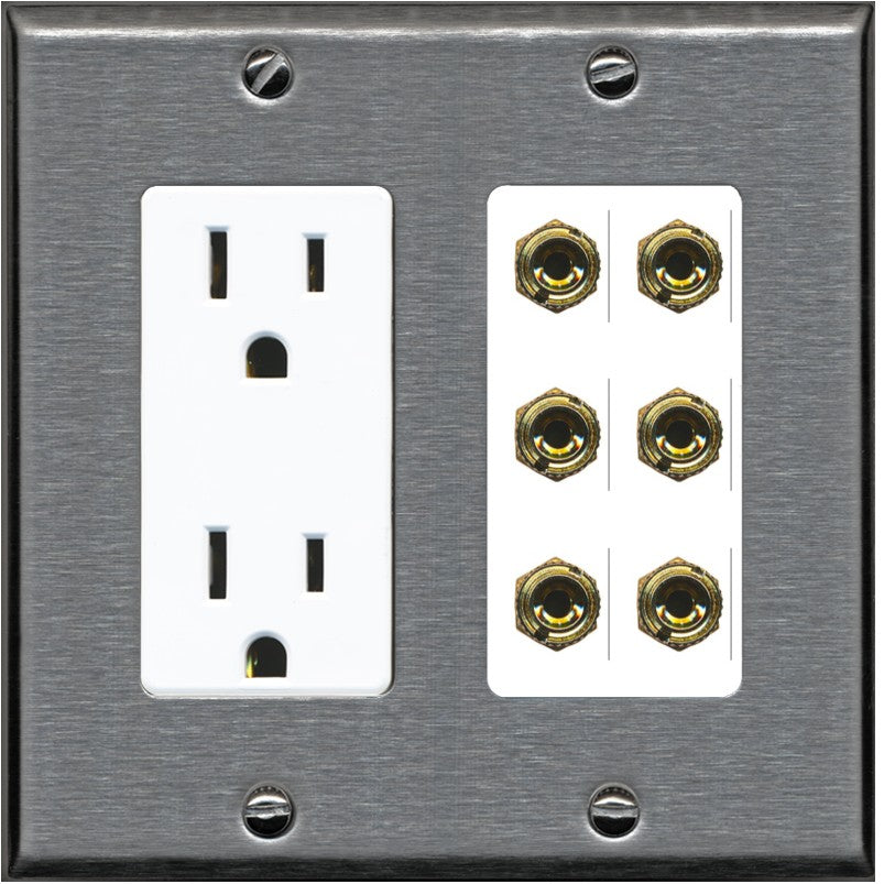 RiteAV 6 Banana 3 Speaker Surround Female Coupler Binding Post Wall Plate - Outlet [Stainless/White]