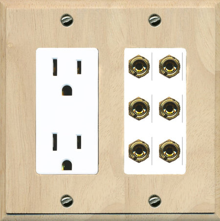 RiteAV 6 Banana 3 Speaker Surround Female Coupler Binding Post Wall Plate - Outlet [Wood/White]