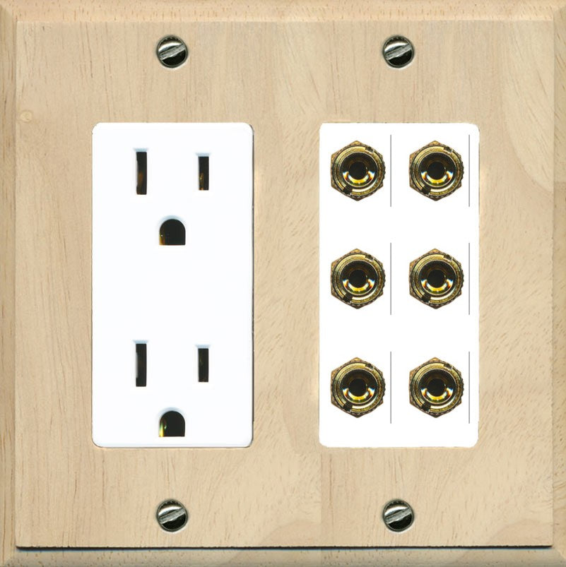 RiteAV 6 Banana 3 Speaker Surround Female Coupler Binding Post Wall Plate - Outlet [Wood/White]