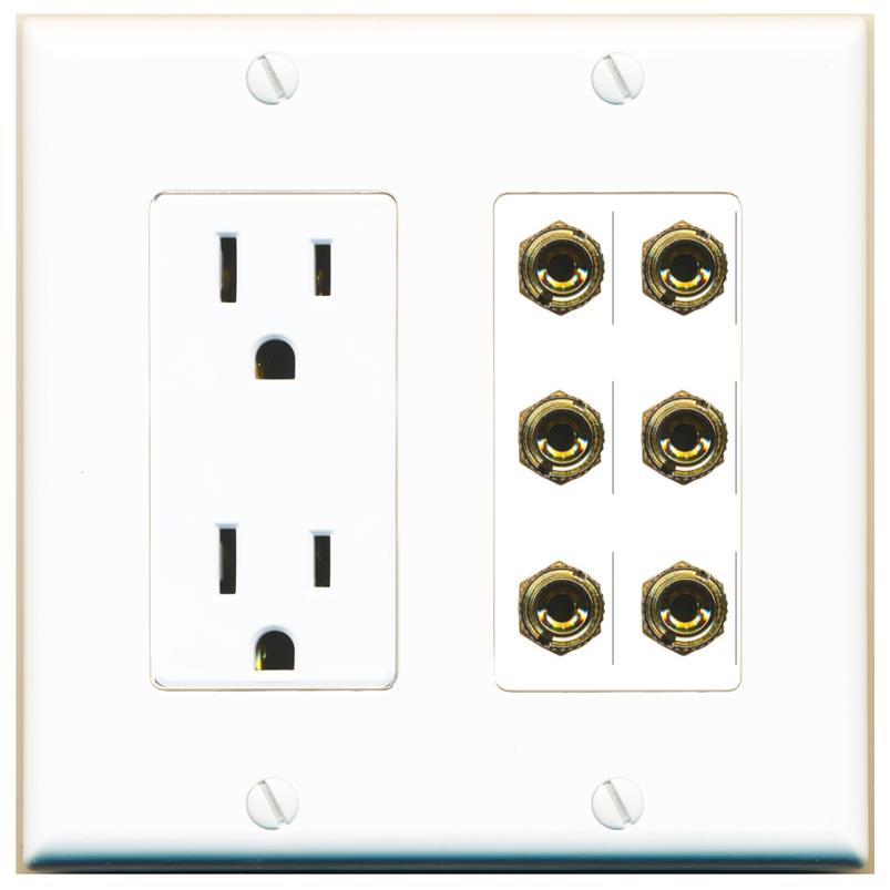 RiteAV 6 Banana 3 Speaker Surround Female Coupler Binding Post Wall Plate - Outlet [White]